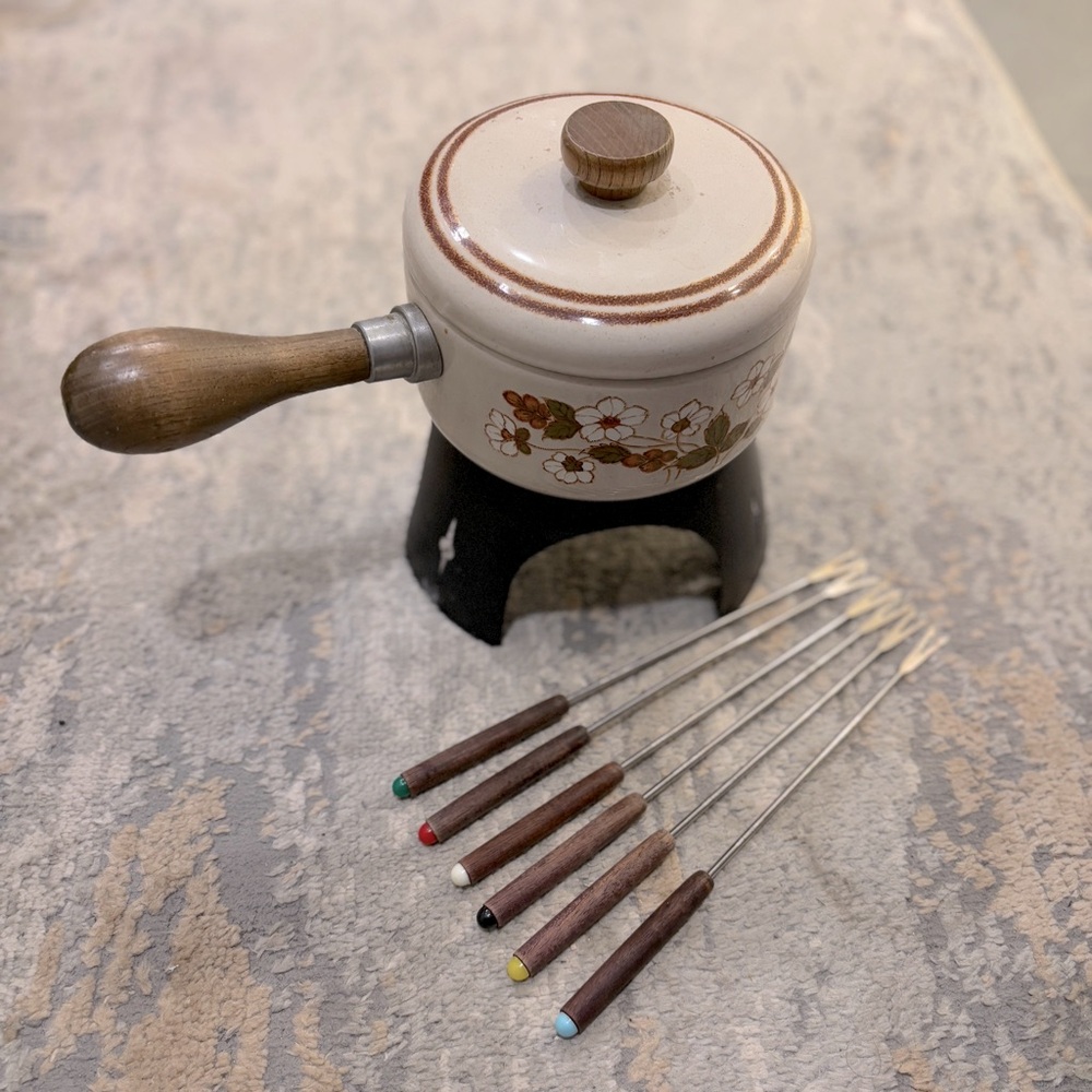Vintage Fondue Set Ceramic Cream Orange Brown Floral Japan 6 Colour Co-ord forks